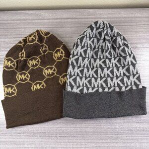 Michael Kors Set of 2 Knit Logo Beanies Brown/Tan & Black/White OS